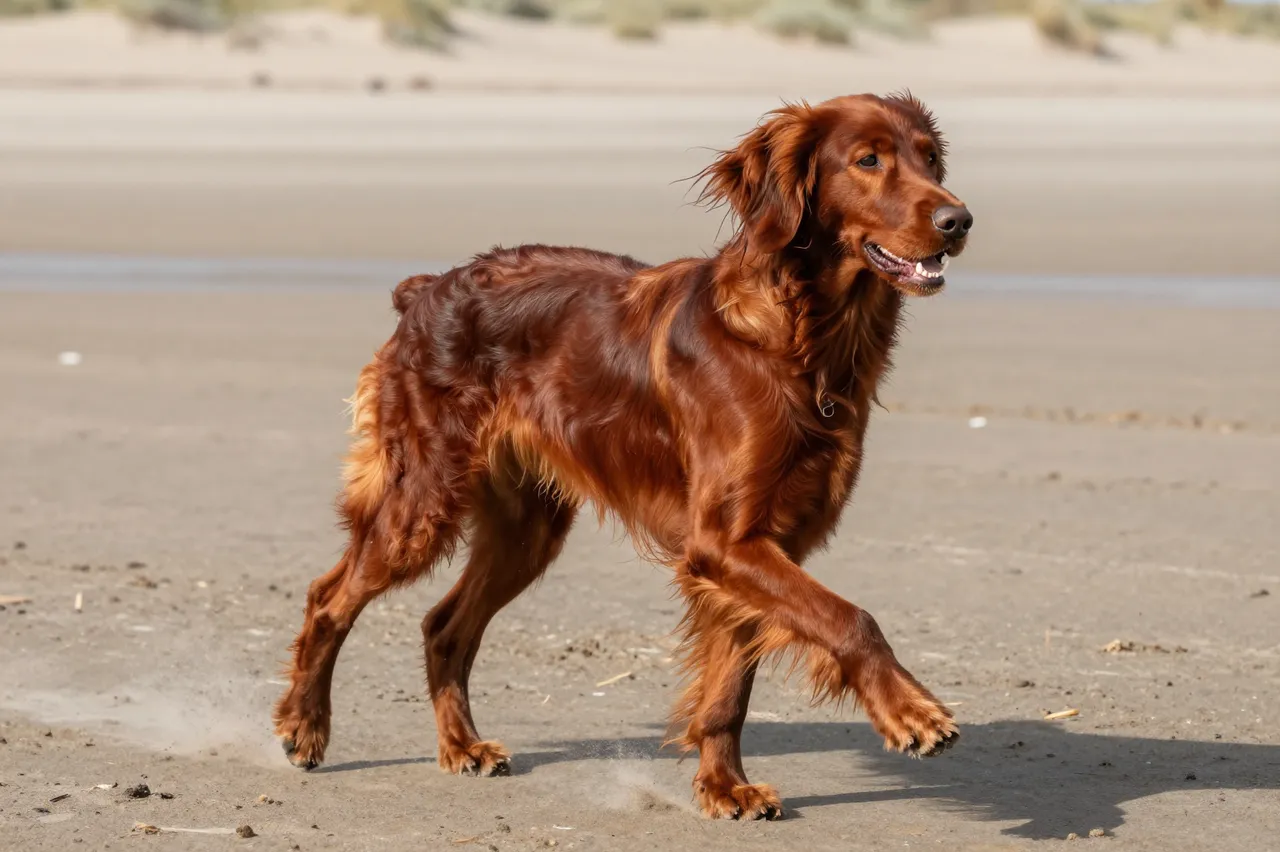 Glossy mahogany Irish Setter walks across a sunny sandy beach with flowing feathered coat.