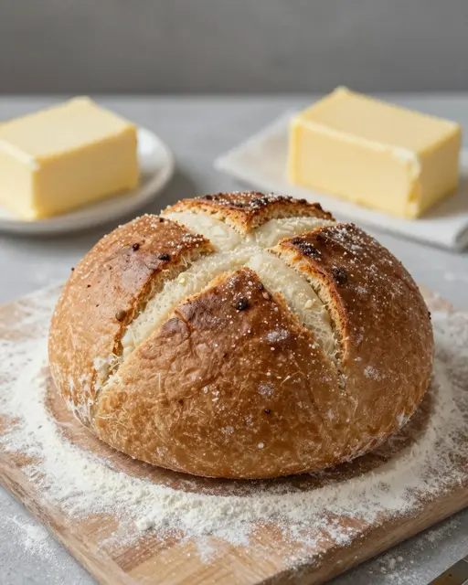Round Irish soda bread with a traditional cross cut rests on a floured wooden board beside two blocks of butter.