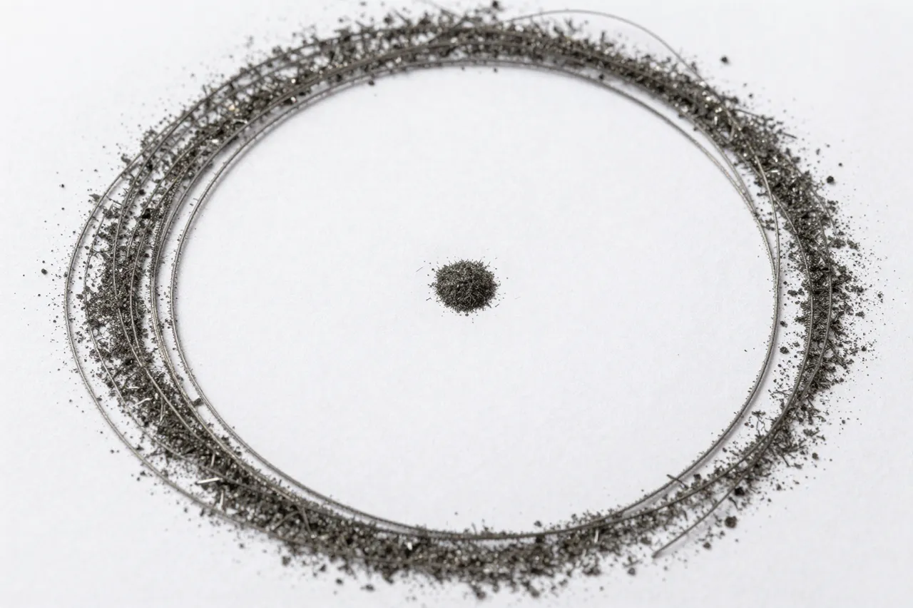 Top view of dark iron filings arranged in circular lines on white paper around a central magnet