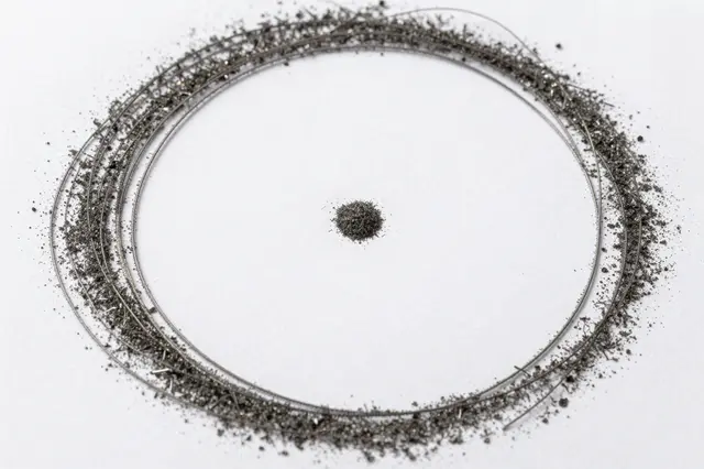 Top view of dark iron filings arranged in circular lines on white paper around a central magnet