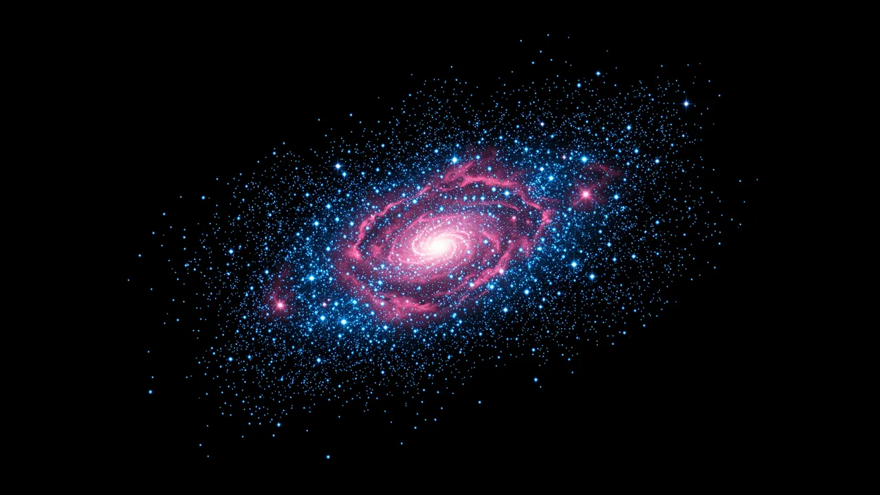 A loose dwarf galaxy of bright blue stars and swirling pink gas against deep black outer space
