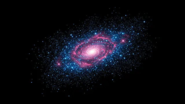 A loose dwarf galaxy of bright blue stars and swirling pink gas against deep black outer space
