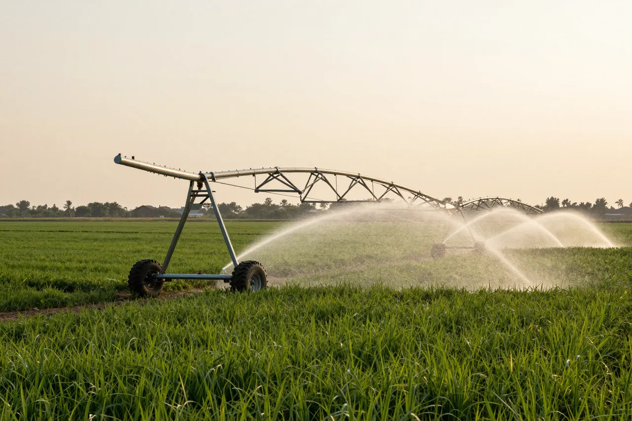 Center pivot irrigation sprinkler spraying water over a lush green crop field during warm golden sunset