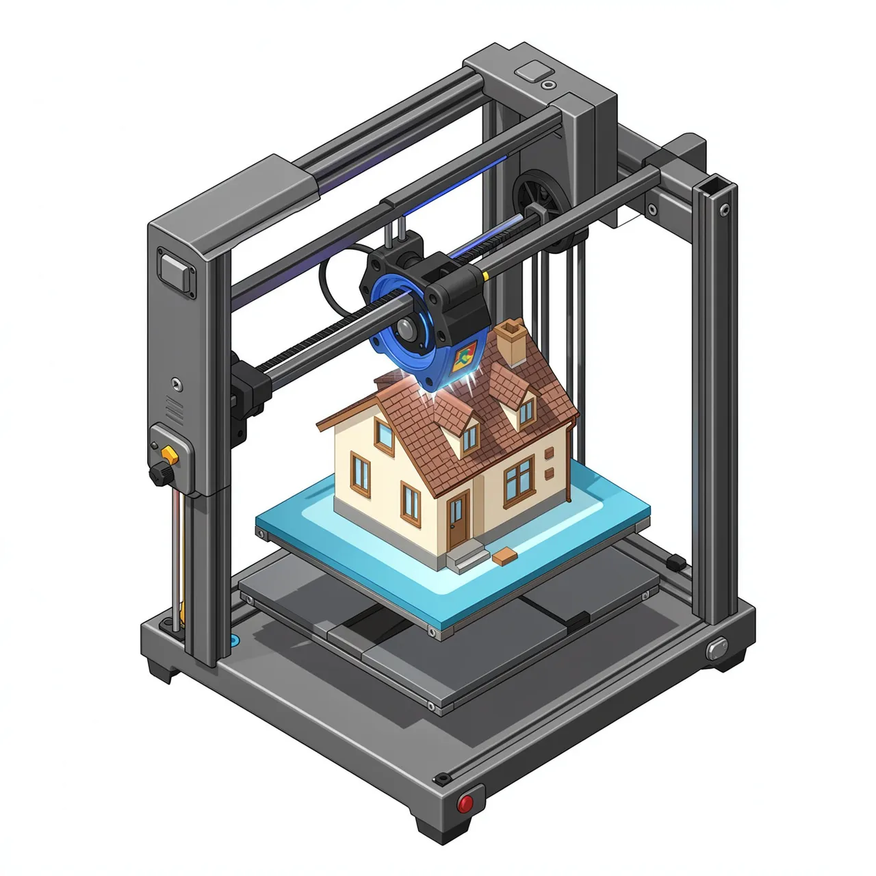 Isometric illustration of a 3D printer actively printing a small detailed house model on its build plate.
