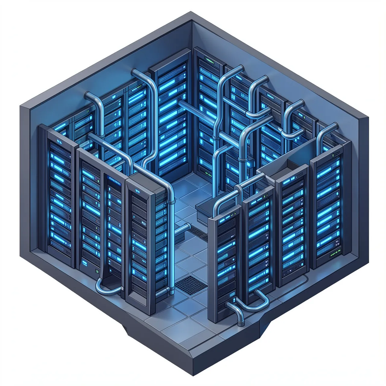 Isometric illustration of a compact server room with glowing blue server racks and cooling piping