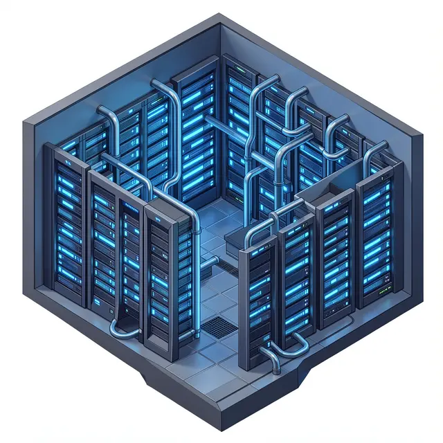 Isometric illustration of a compact server room with glowing blue server racks and cooling piping