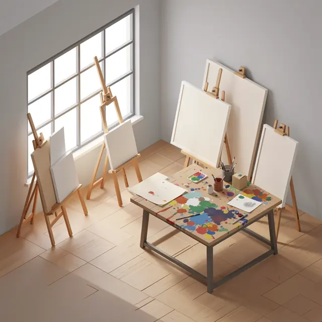 Sunlit empty art studio with wooden easels, blank canvases and a paint-splattered work table by a large window