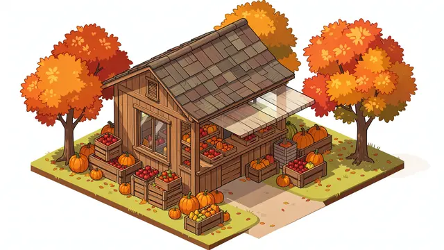 Isometric illustration of a wooden farm stand stocked with pumpkins and apple crates surrounded by fall trees