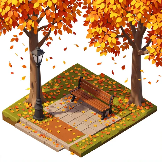Isometric 3D render of a small park plot with a bench, lamp post, autumn trees, and falling leaves.