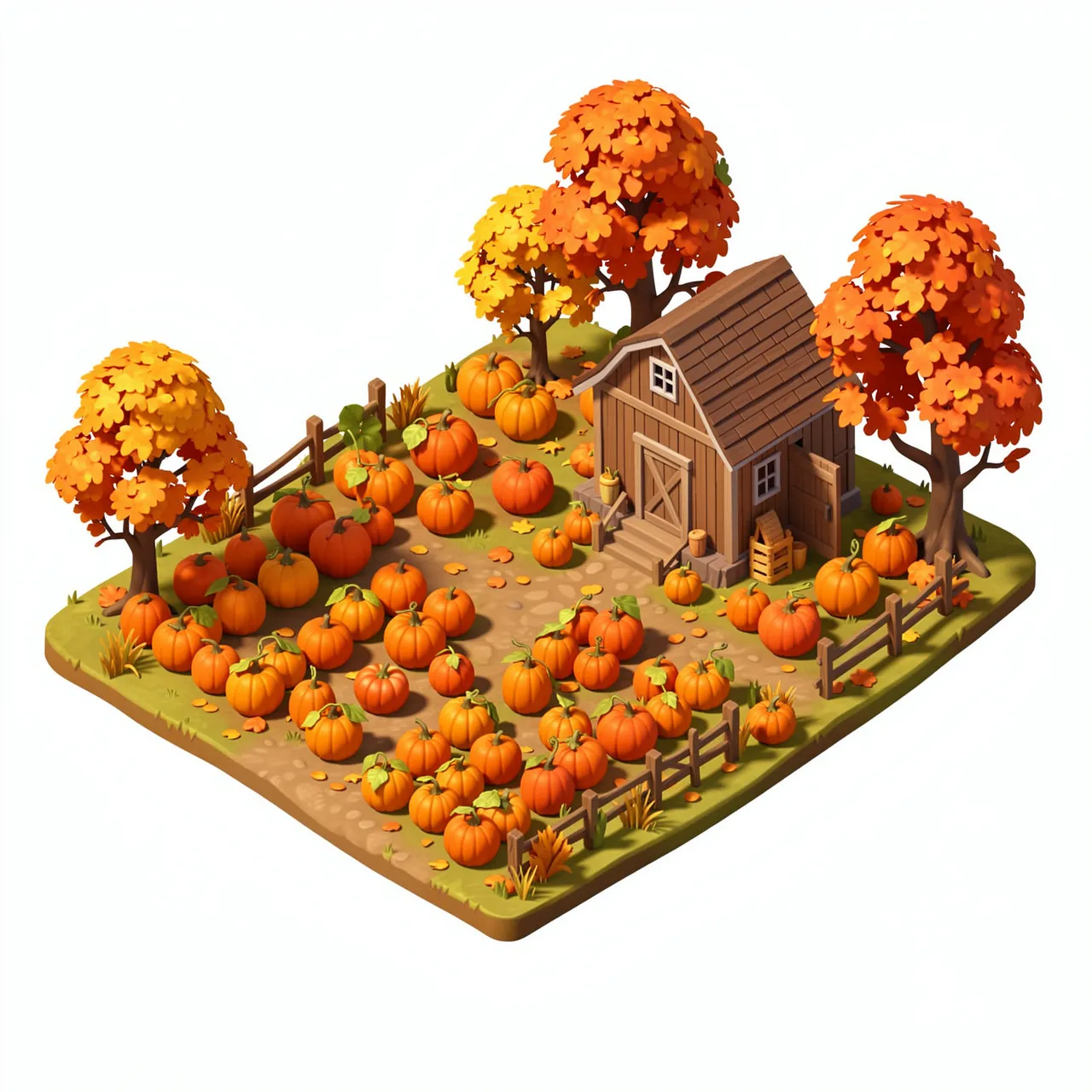 Isometric 3D scene of a pumpkin patch with a small wooden barn and colorful fall trees