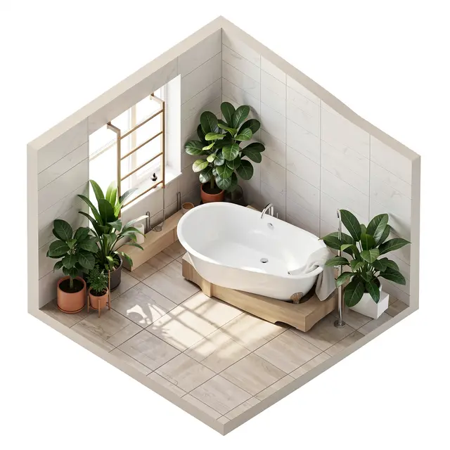 Isometric cutaway 3d render of a bright bathroom with a freestanding tub and potted indoor plants.