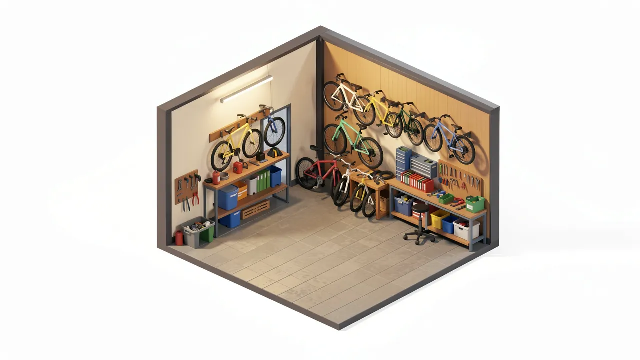 Isometric 3D cutaway view of a small bike repair workshop with bicycles hung on wall hooks and workbenches filled with tools