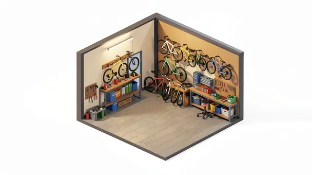 Isometric 3D cutaway view of a small bike repair workshop with bicycles hung on wall hooks and workbenches filled with tools