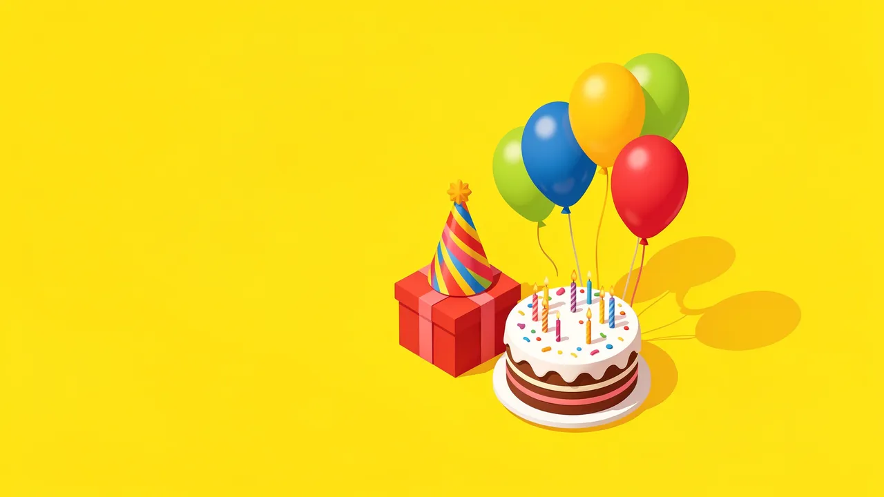Isometric birthday arrangement of cake, gift box, party hat and balloons on a bright solid yellow background with empty left