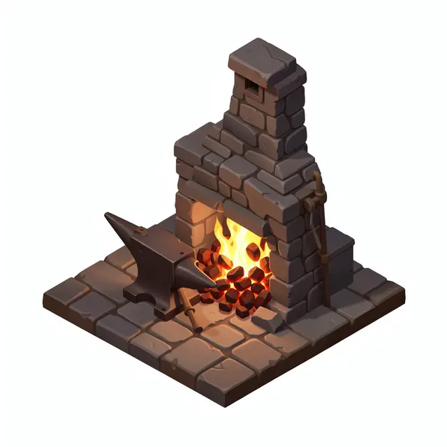 Isometric 3D illustration of a stone blacksmith forge with glowing coals and an anvil on a tiled base