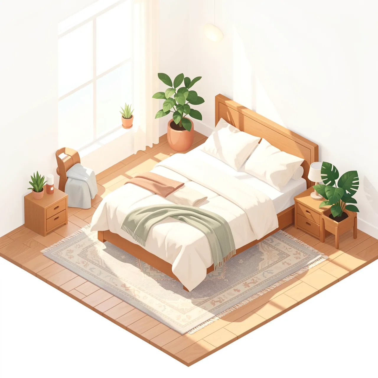 Isometric illustration of a sunlit tidy bedroom with a wooden bed, area rug, and potted houseplants.