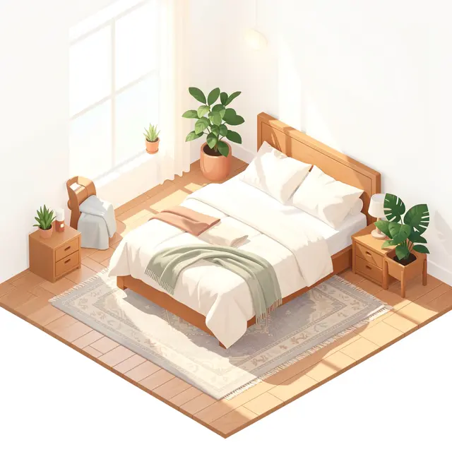 Isometric illustration of a sunlit tidy bedroom with a wooden bed, area rug, and potted houseplants.