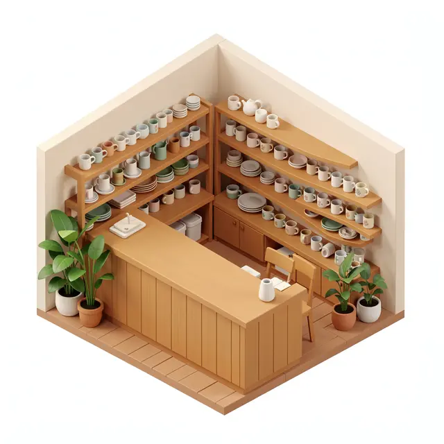 Isometric 3D view of a cozy small ceramics shop with counter, plant displays, and shelves of tableware
