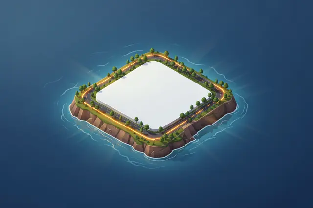 A stylized isometric island shaped like a computer chip sits in a calm deep blue sea, lined with glowing roads and small