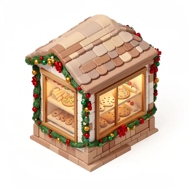Charming isometric 3D tiny Christmas bakery decorated with garlands and filled with treats in its windows
