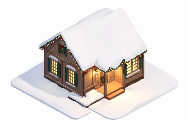 Isometric view of a snow-covered wooden house decorated with festive Christmas lights and wreaths