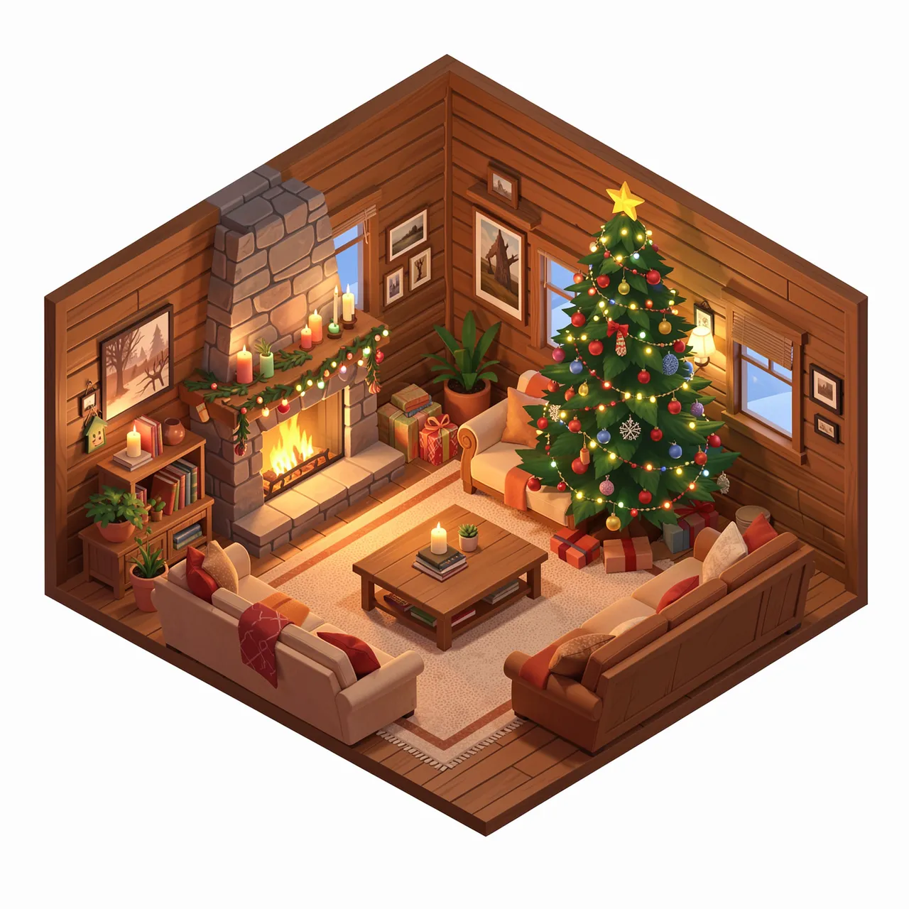 Cozy isometric 3D view of a wooden cabin living room decorated for Christmas with a lit fireplace and decorated tree