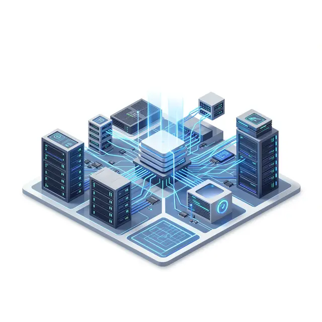 Isometric 3D illustration of networked server racks with glowing data connections on a clean white background