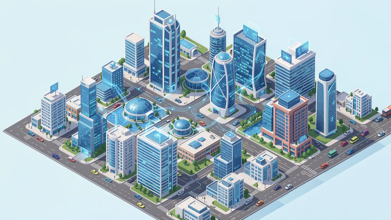 Clean isometric illustration of a futuristic smart city with glowing digital connection lines between modern buildings.