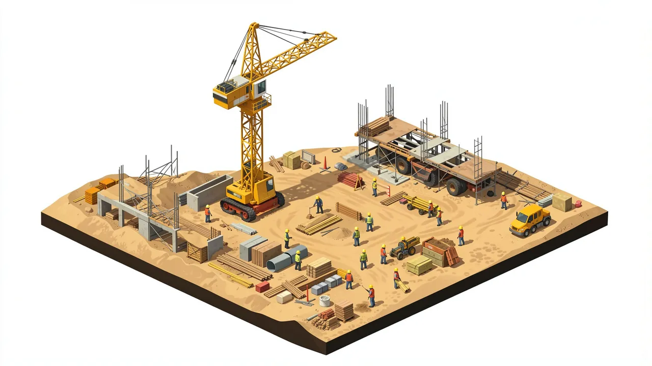 Isometric diorama view of an active construction site with a tower crane, workers, building materials and heavy equipment.