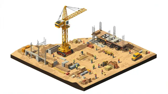 Isometric diorama view of an active construction site with a tower crane, workers, building materials and heavy equipment.