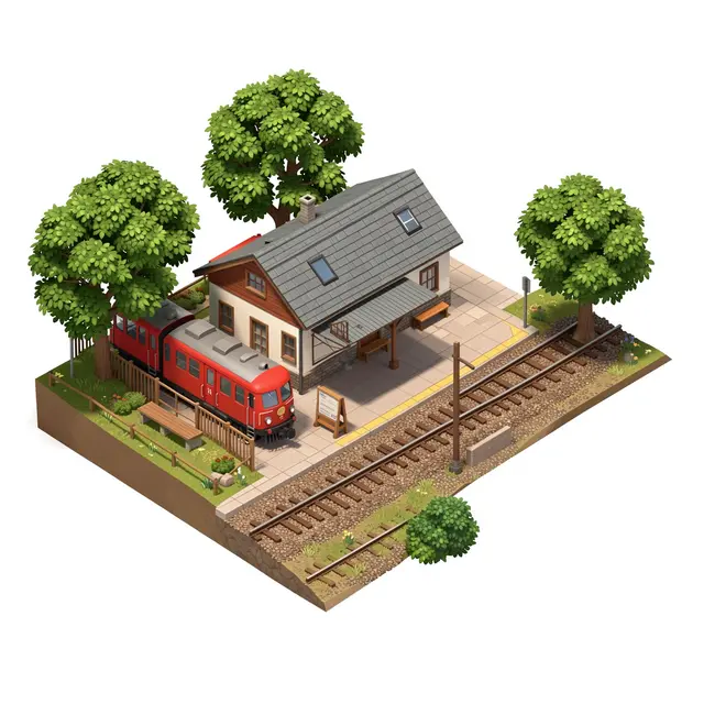 3D isometric diorama of a small rural train station with a red train and leafy green trees.