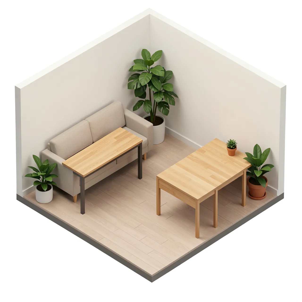 Isometric 3D view of a small office nook with wooden desks, a sofa and potted plants, no people present.