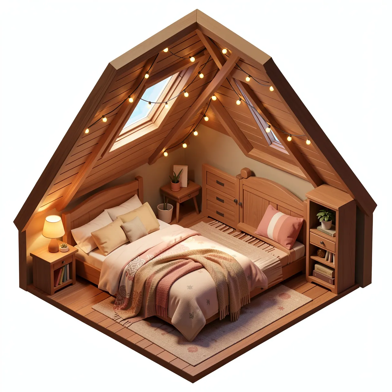3D isometric illustration of a warm wood attic bedroom with skylights and hanging fairy lights