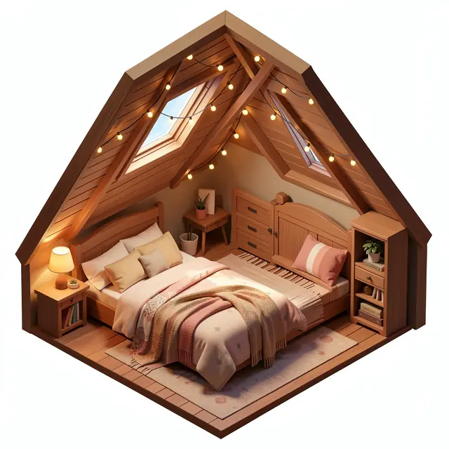 3D isometric illustration of a warm wood attic bedroom with skylights and hanging fairy lights