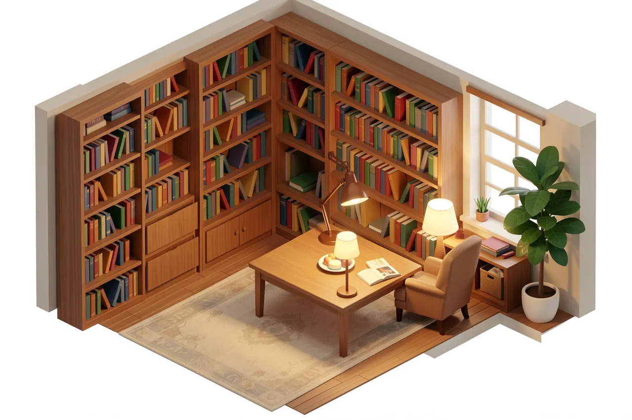 3D isometric view of a cozy sunlit study room lined with bookshelves, a wooden desk, lamps, and potted plants with no people