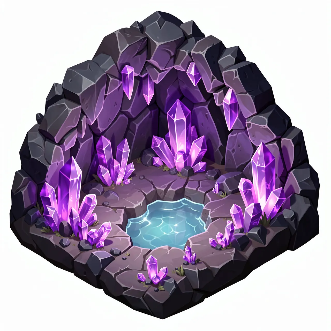 Isometric 3D illustration of a rocky cave lined with glowing purple crystals surrounding a small clear underground pool
