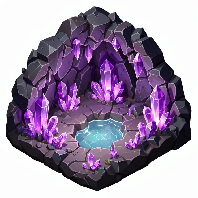 Isometric 3D illustration of a rocky cave lined with glowing purple crystals surrounding a small clear underground pool