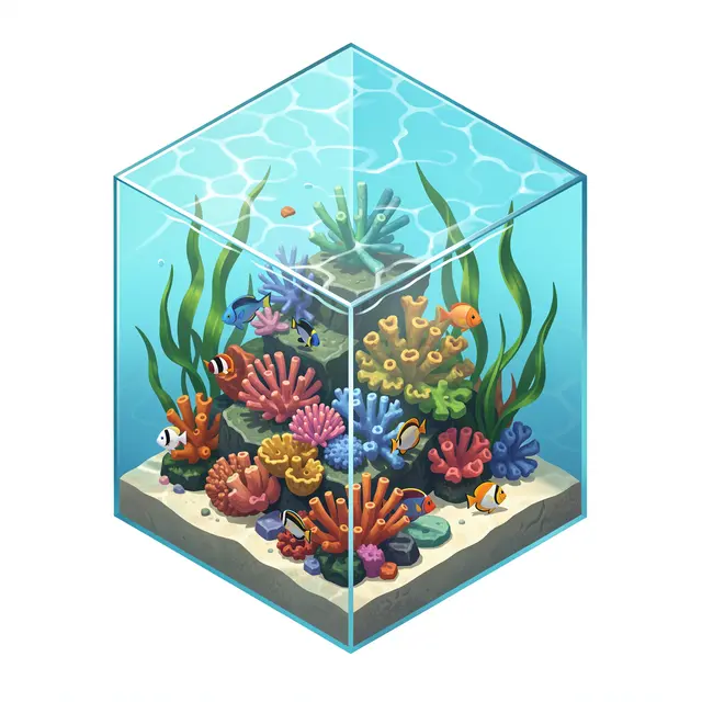 Isometric glass cube holding clear turquoise ocean water, colorful corals, tropical fish and swaying seaweed over sand.
