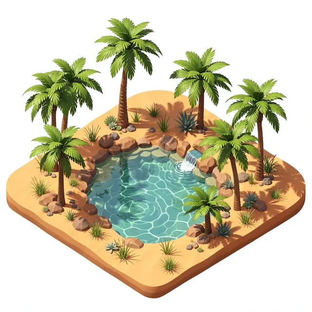 Isometric 3D illustration of a small desert oasis with palm trees surrounding a clear spring-fed pool