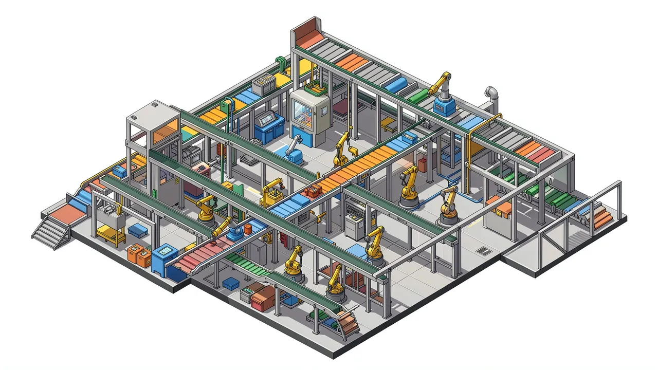 Colorful isometric illustration of a factory floor with conveyor belts and robotic assembly arms
