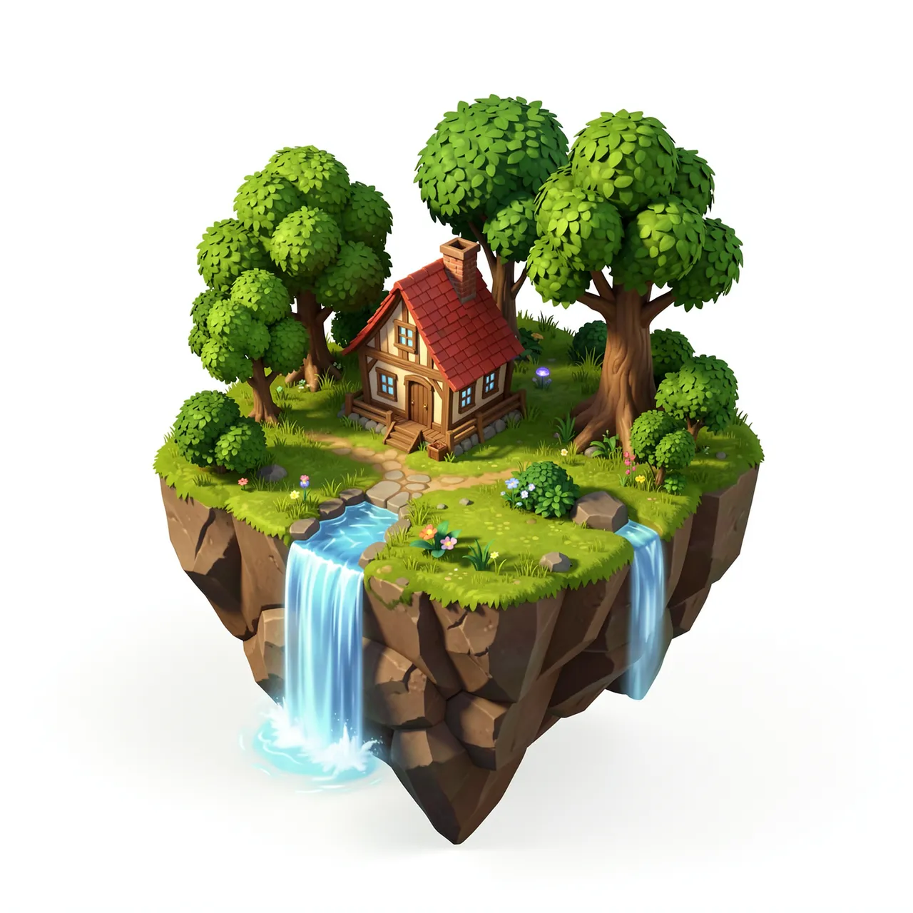 A stylized 3D isometric floating island holds a small cottage, leafy trees, and cascading waterfalls against a plain white