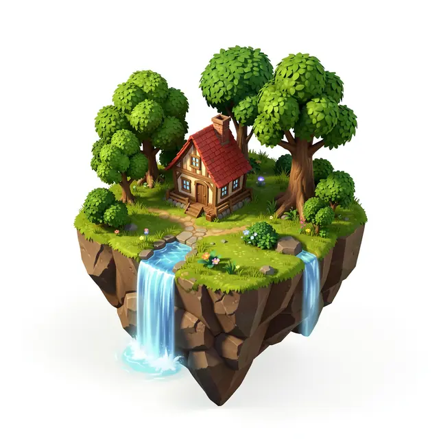 A stylized 3D isometric floating island holds a small cottage, leafy trees, and cascading waterfalls against a plain white