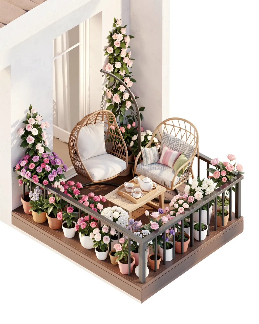 Isometric 3D view of a cozy flower-filled balcony with seating, a hanging chair and a tea tray table