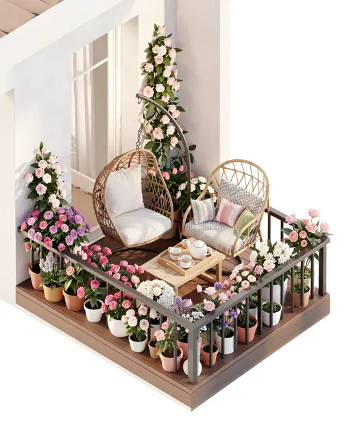 Isometric 3D view of a cozy flower-filled balcony with seating, a hanging chair and a tea tray table