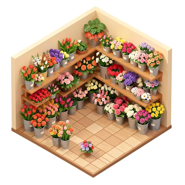 Isometric 3D view of a small flower shop filled with metal buckets of assorted fresh cut flowers and potted plants.