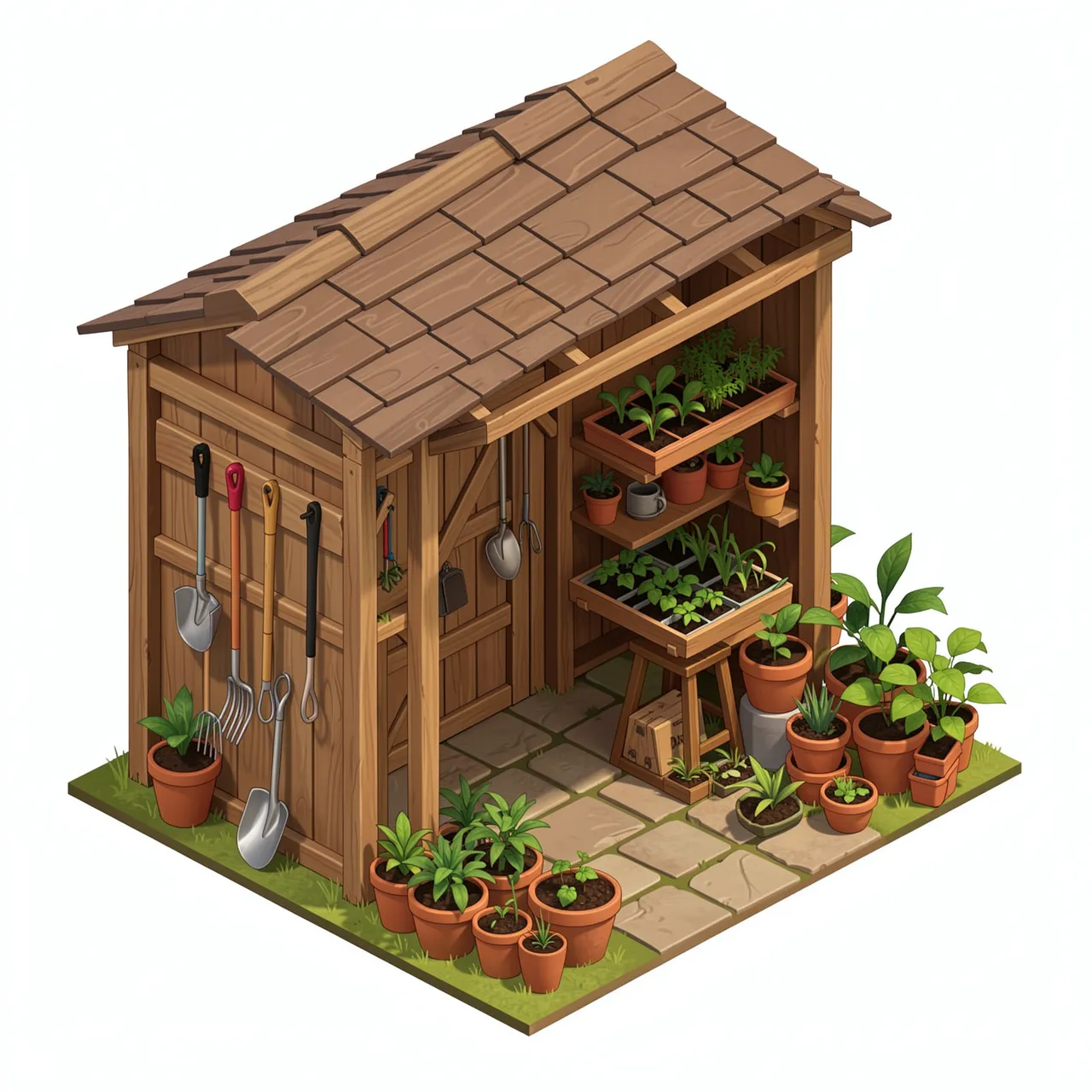 Isometric 3D view of a wooden garden shed with hanging tools, seedling trays and potted plants