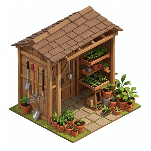 Isometric 3D view of a wooden garden shed with hanging tools, seedling trays and potted plants
