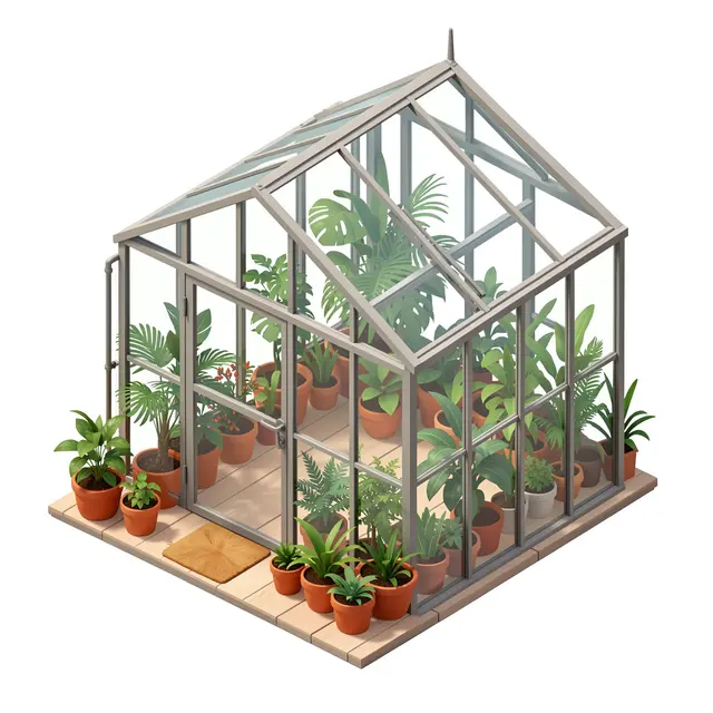 Isometric 3D view of a small glass greenhouse filled with assorted potted houseplants on a light wooden base