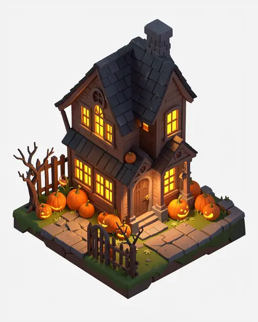 Cute isometric 3D haunted house with glowing windows, jack-o'-lanterns and a wooden gate on a small grassy plot