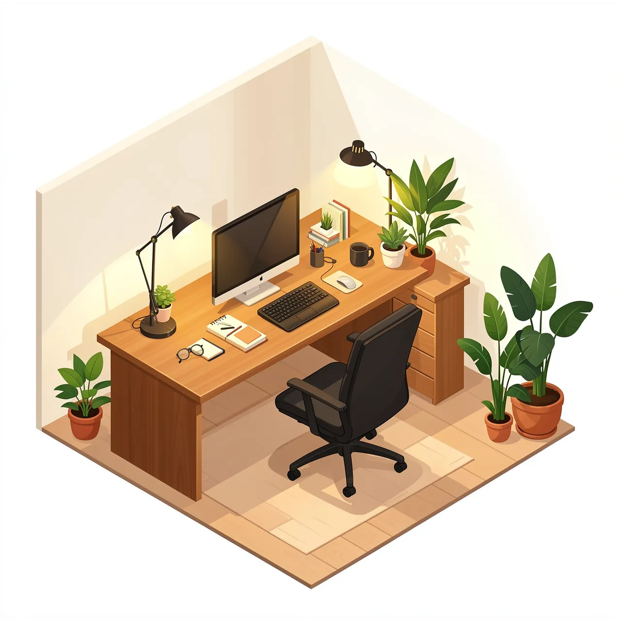 Warm isometric illustration of a tidy home office desk with lamps, work supplies and potted plants.